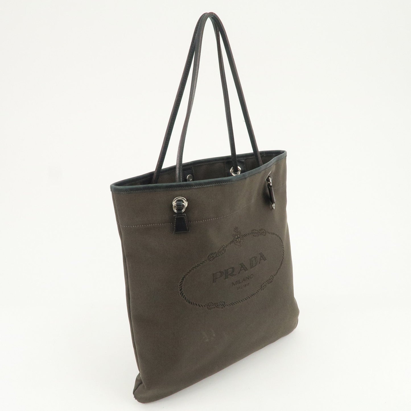 PRADA Logo Jacquard Leather Tote Bag Shoulder Bag Dark Brown