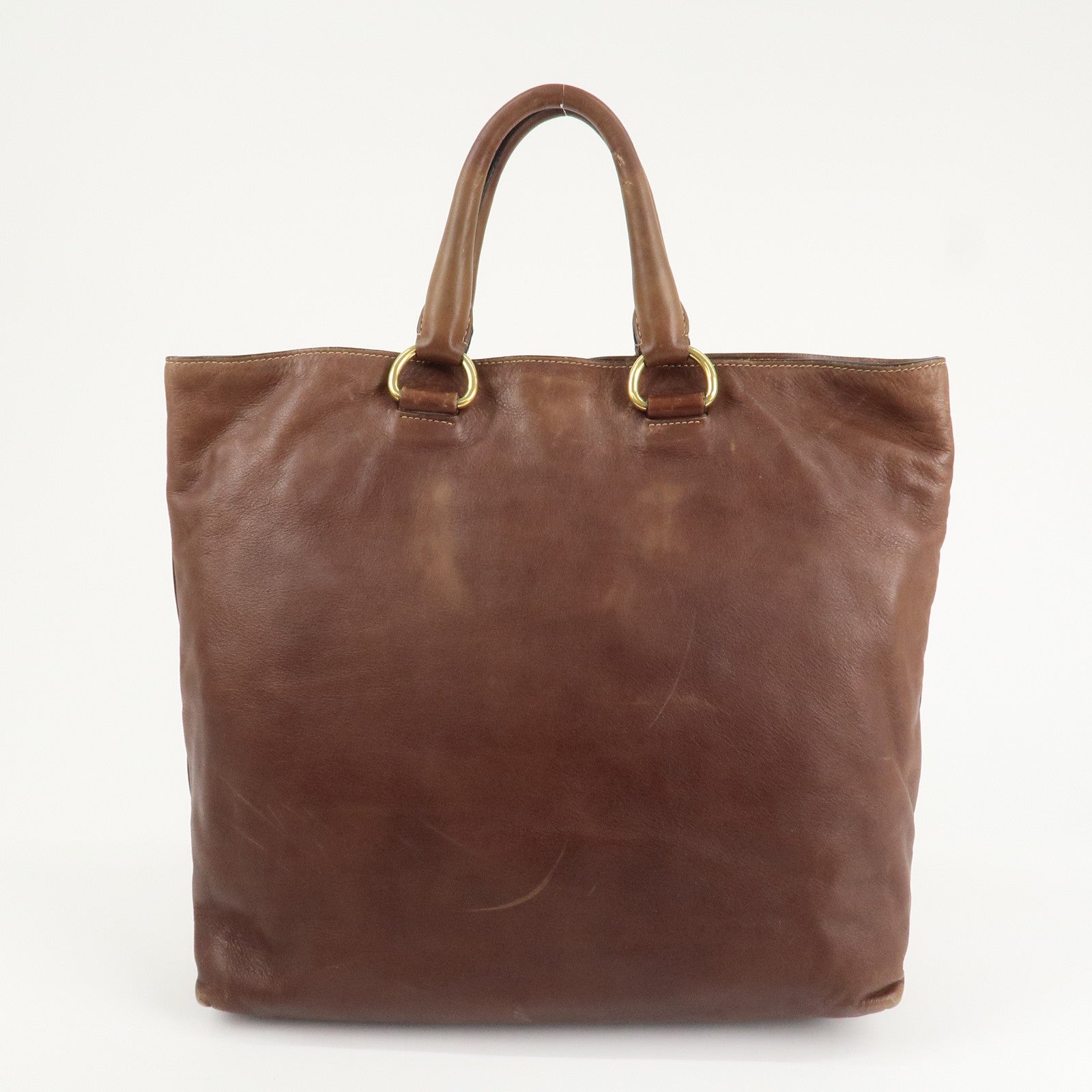 PRADA Logo Leather 2way Shoulder Bag Tote Bag Gold HDW Brown
