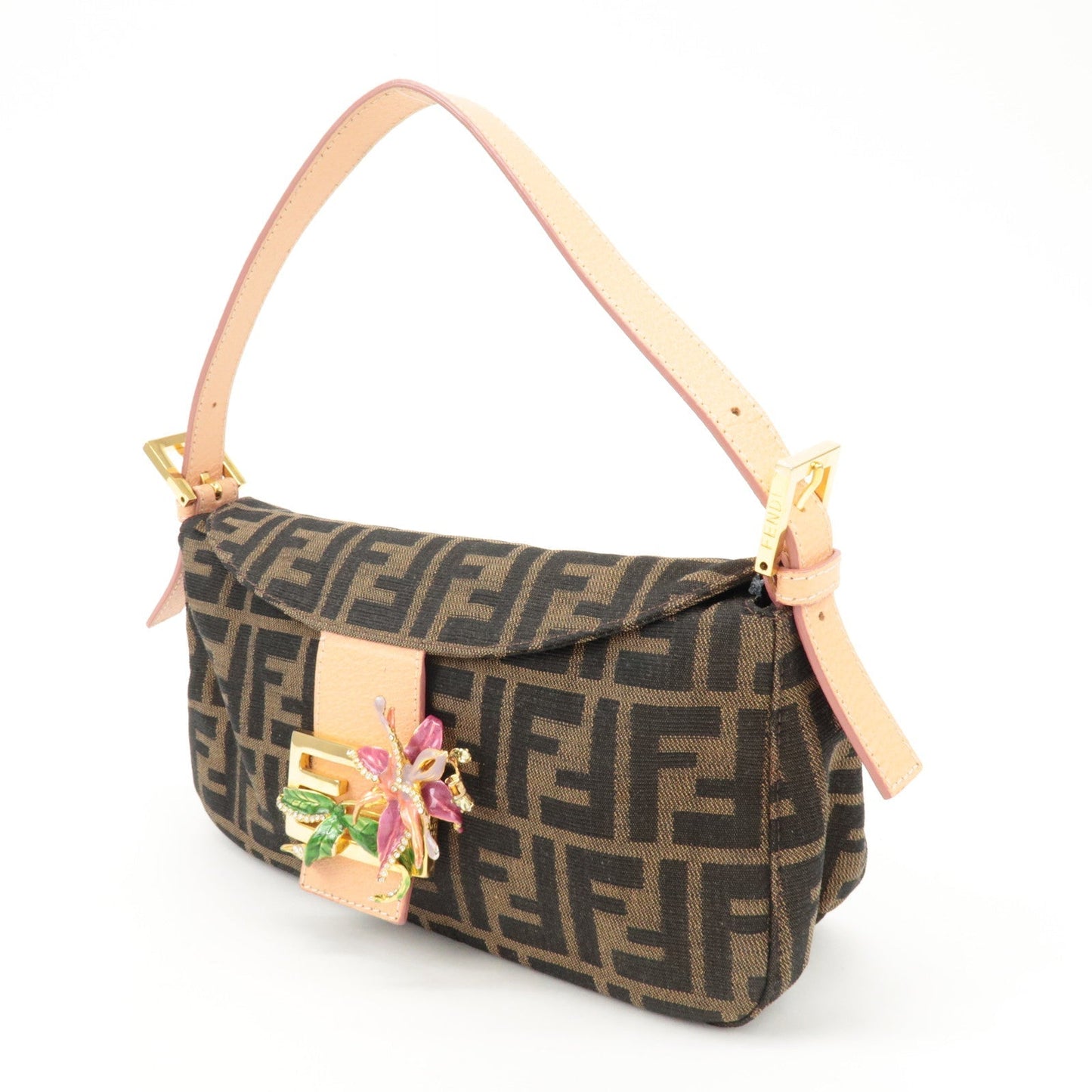 FENDI Zucca Canvas Leather Shoulder Bag Brown Pink Beige 26725