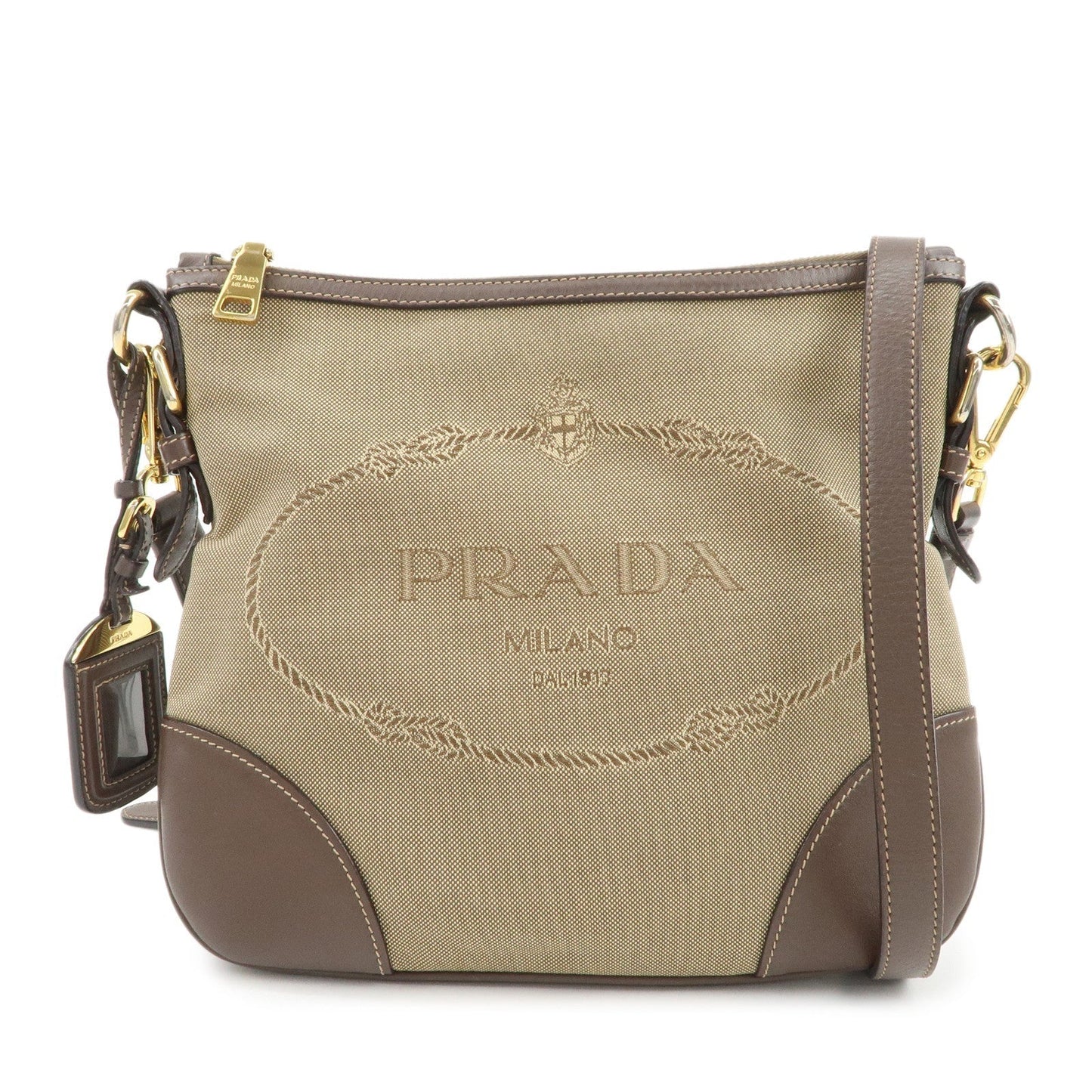 PRADA Logo Jacquard Leather Shoulder Bag Beige Brown BT867A