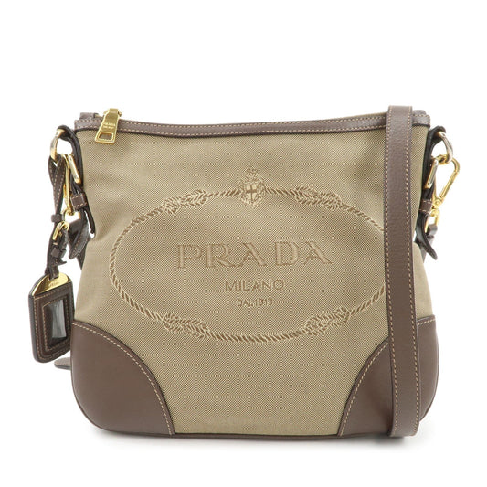 PRADA Logo Jacquard Leather Shoulder Bag Beige Brown BT867A
