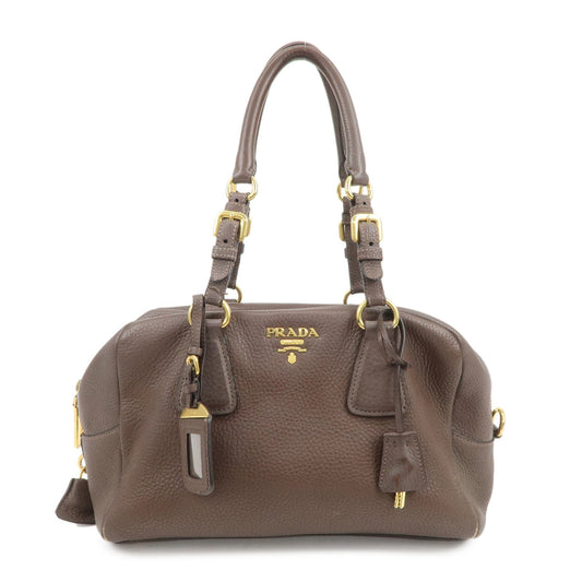 PRADA Logo Leather Shoulder Bag Boston Bag Hand Bag Brown B3091M