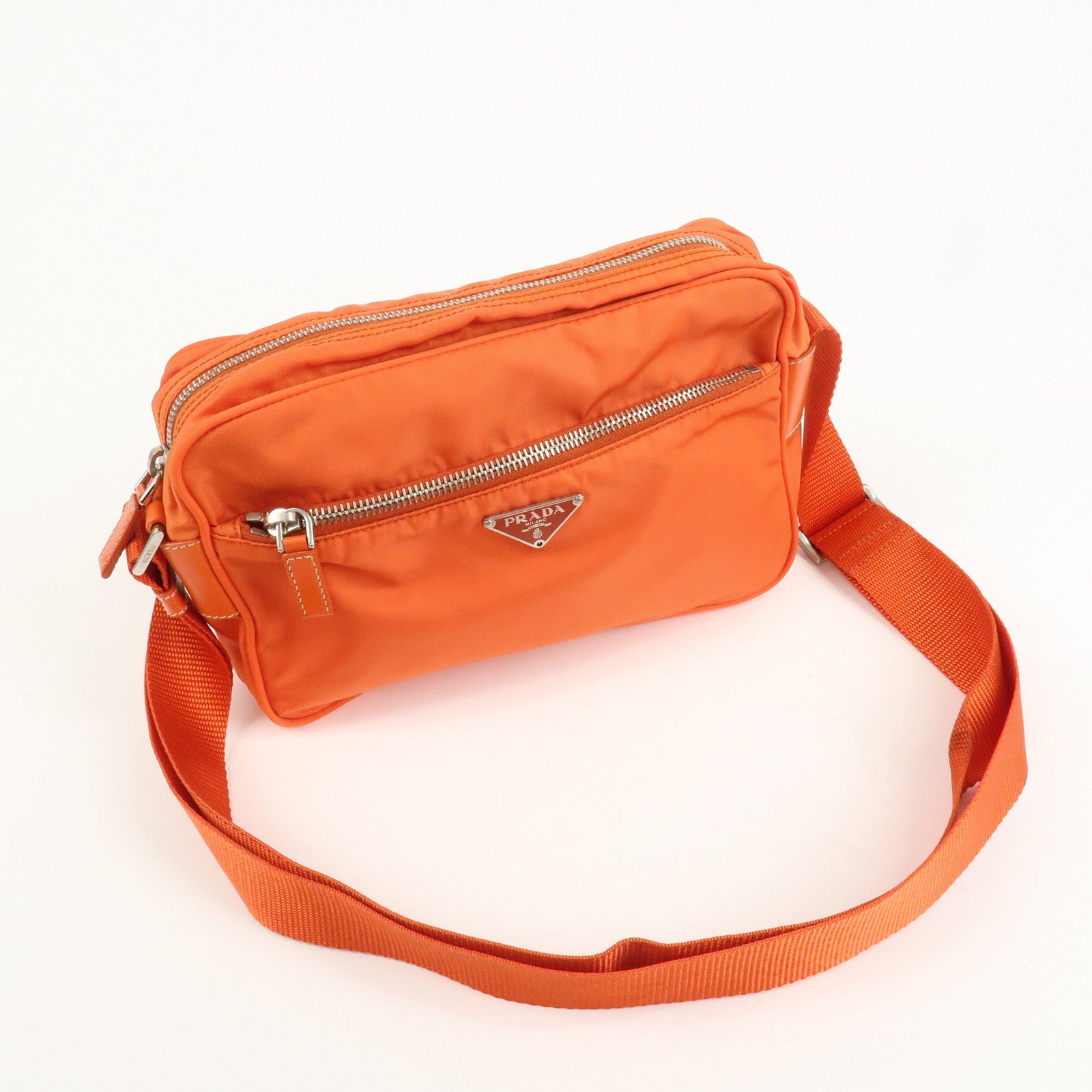 PRADA Triangle Logo Leather Nylon Shoulder Bag Orange