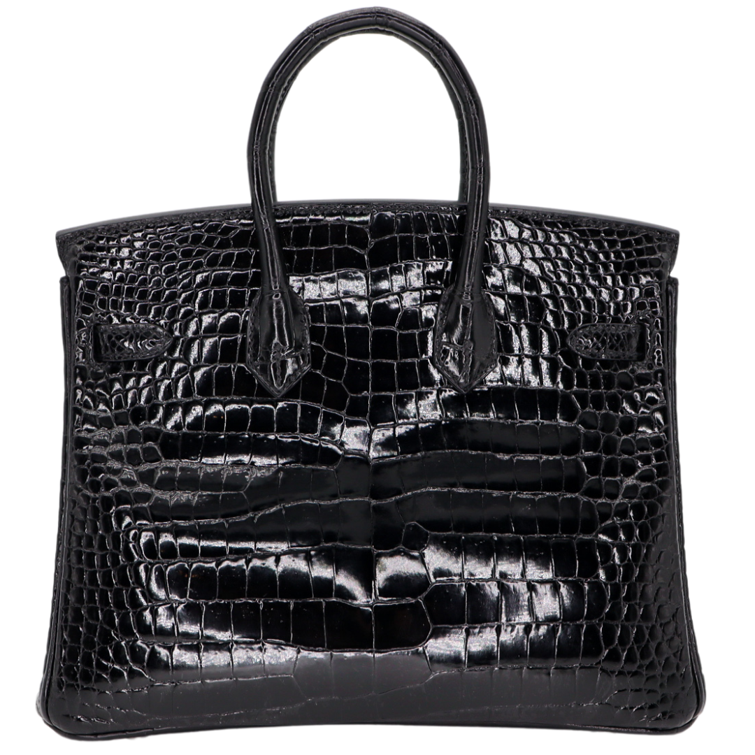 Hermes25cm Birkin Black Shiny Porosus Crocodile Palladium Hardware