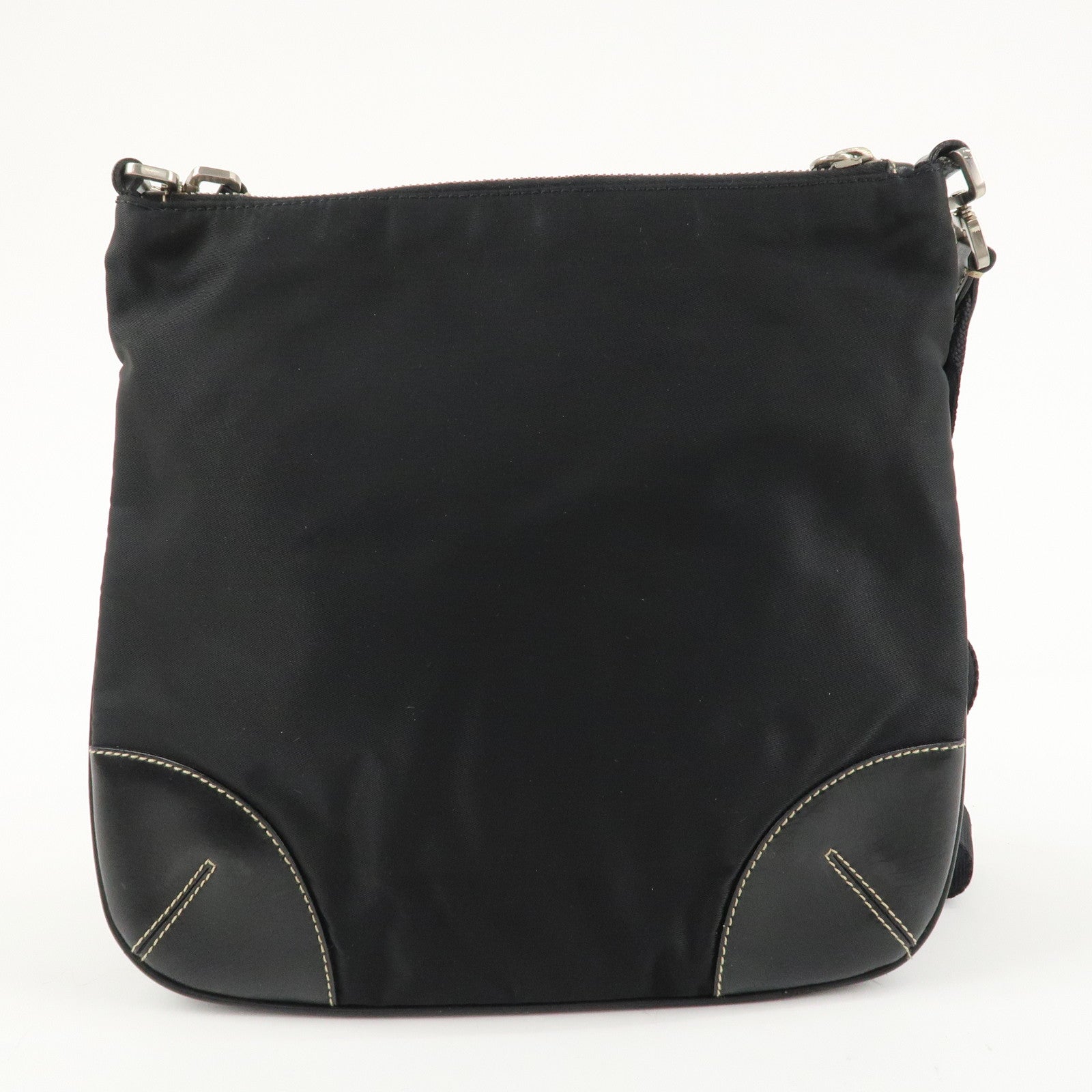PRADA Triangle Logo Leather Nylon Shoulder Bag Crossbody Bag Black