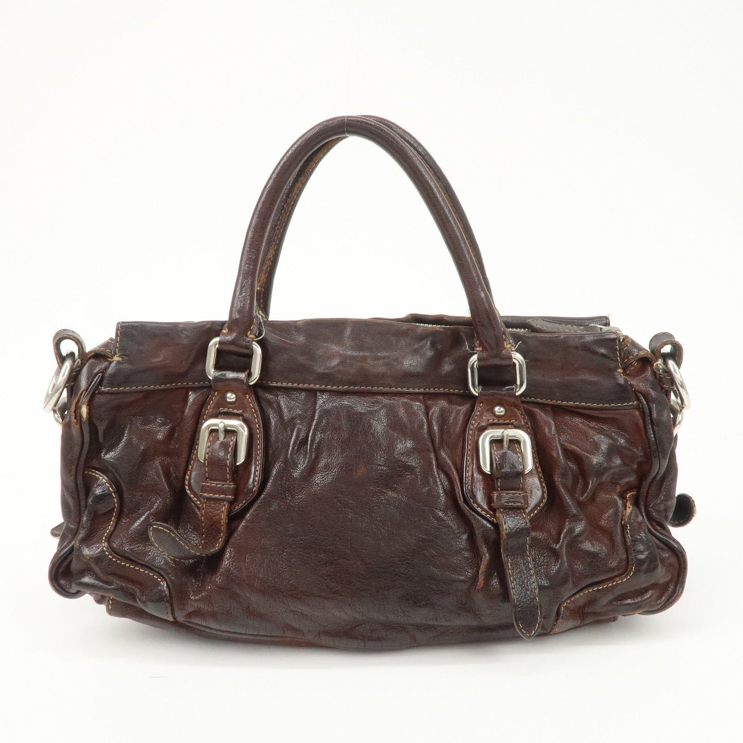 PRADA Triangle Logo Leather 2Way Bag Hand Bag Dark Brown BN1279
