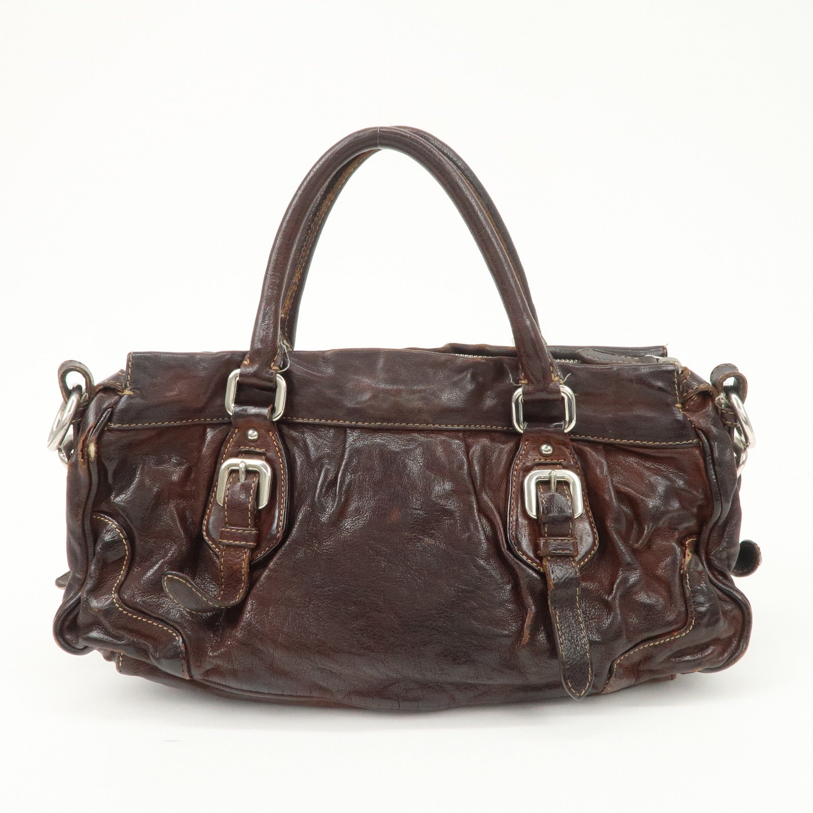 PRADA Triangle Logo Leather 2Way Bag Hand Bag Dark Brown BN1279
