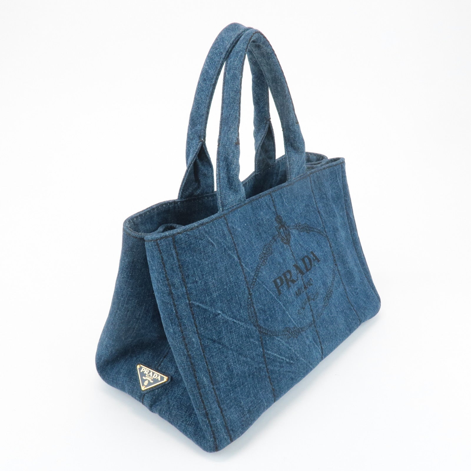 PRADA Triangle Logo Canapa Canvas Denim Hand Bag Navy B1877B