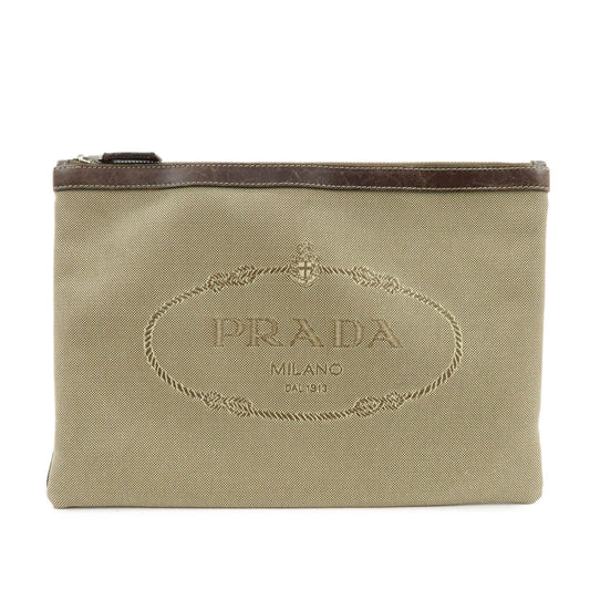 PRADA Logo Jacquard Canvas Leather Clutch Bag Pouch Khaki