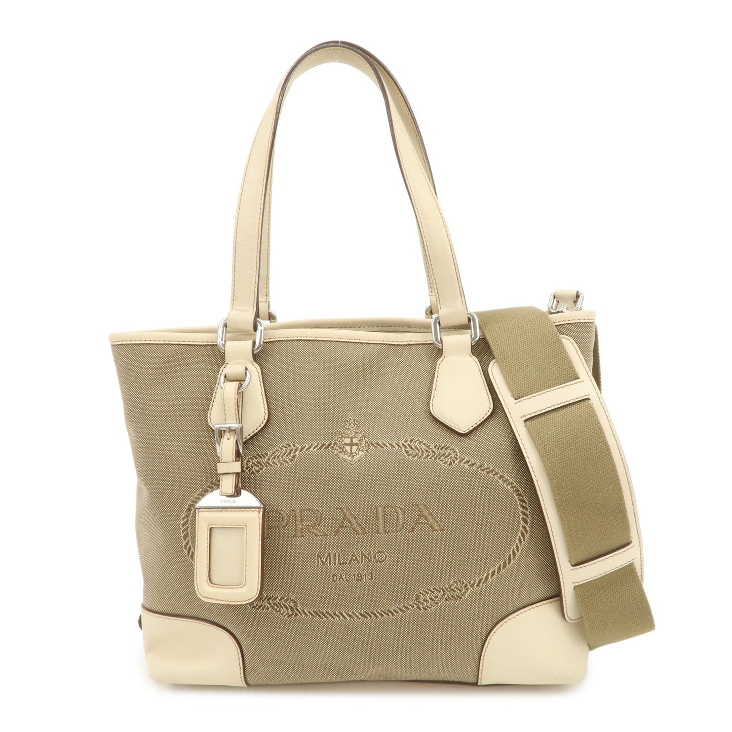 PRADA Logo Jacquard Leather 2Way Shoulder Bag Tote Bag Beige BR3414