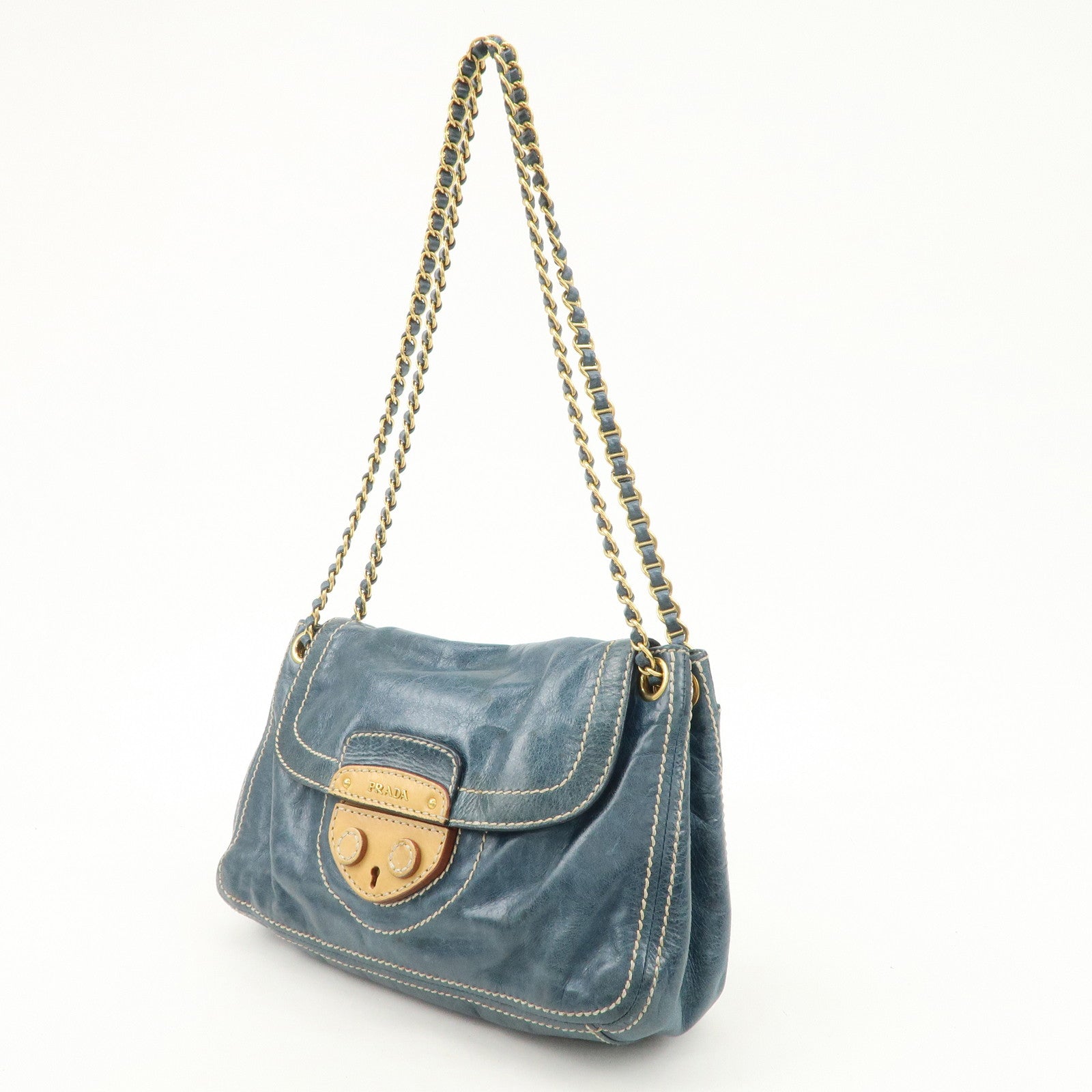 PRADA Leather Chain Shoulder Bag Blue Gold Hardware BR4659