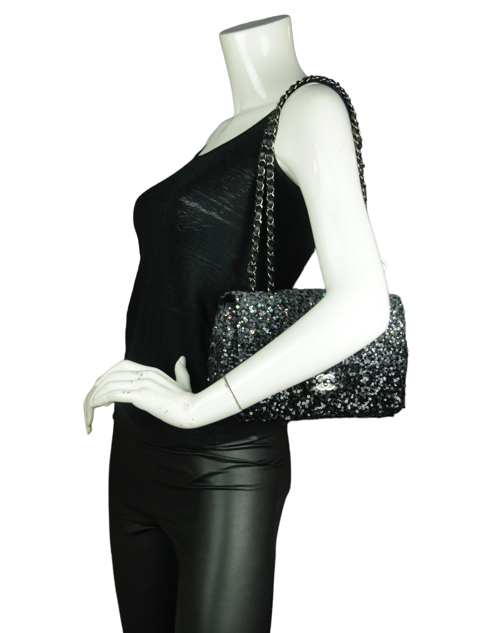 Chanel Black/Silver Ombre Sequin Medium Classic Flap Bag