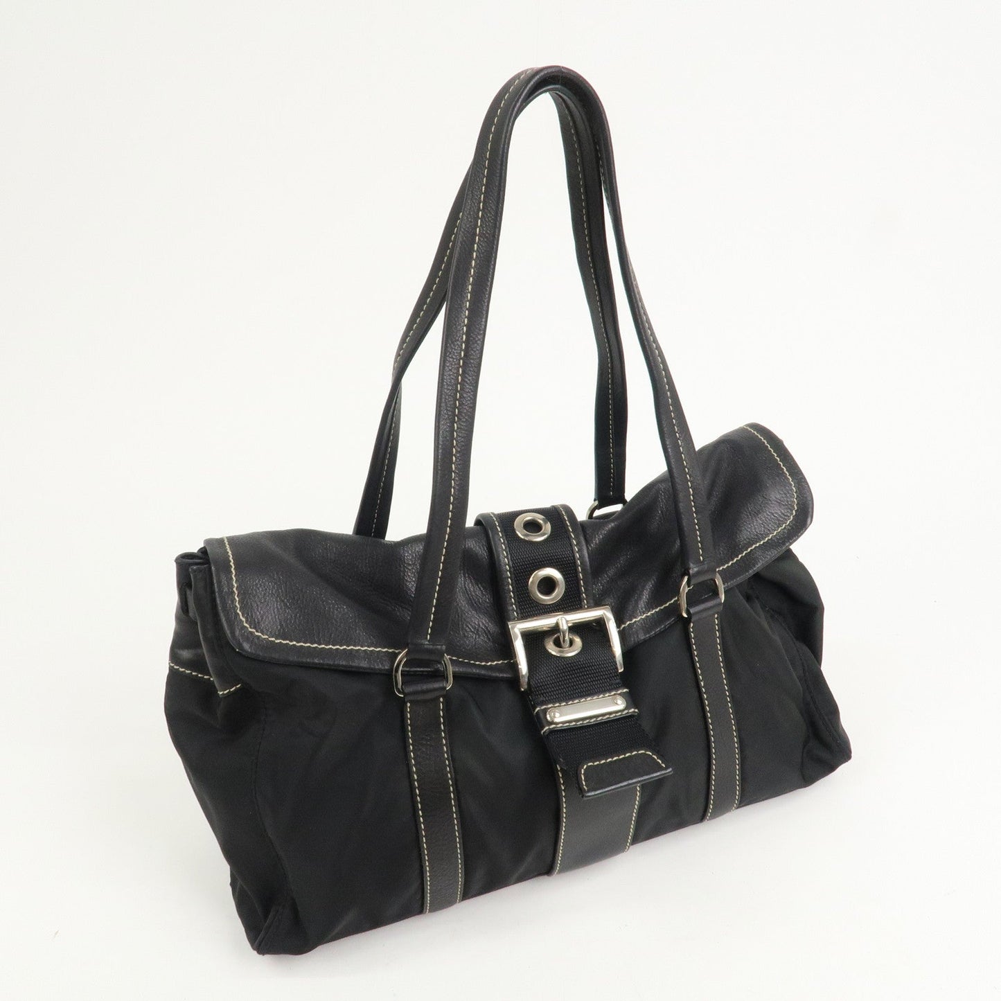 PRADA Triangle Logo Nylon Leather Shoulder Bag Black BR2418