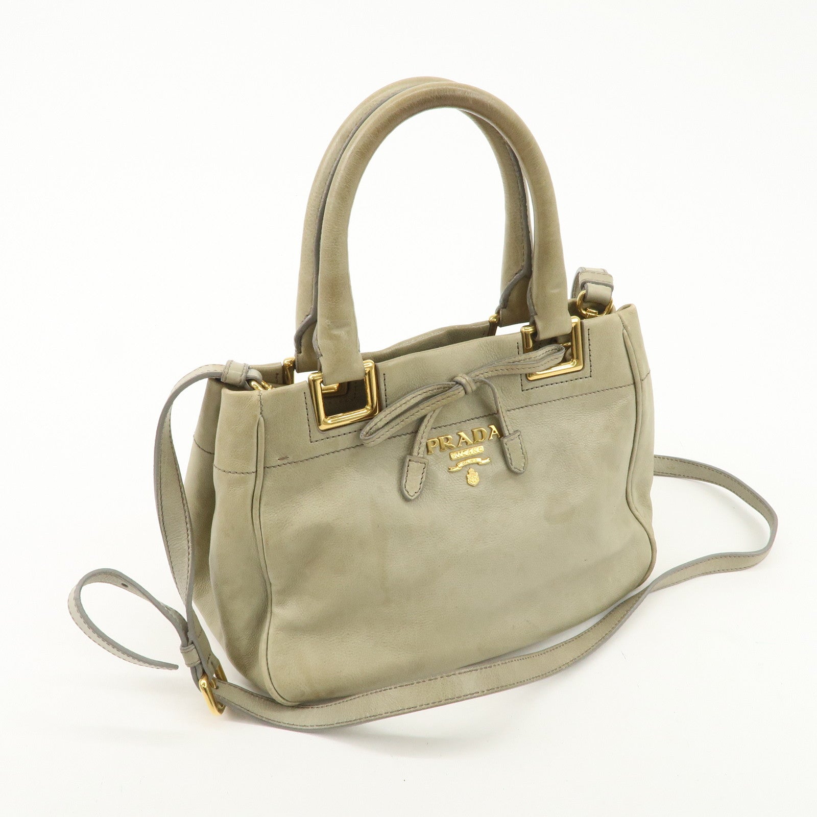 PRADA Logo Ribon Leather 2WAY Tote Bag Hand Bag Beige Gold HDW BN2245
