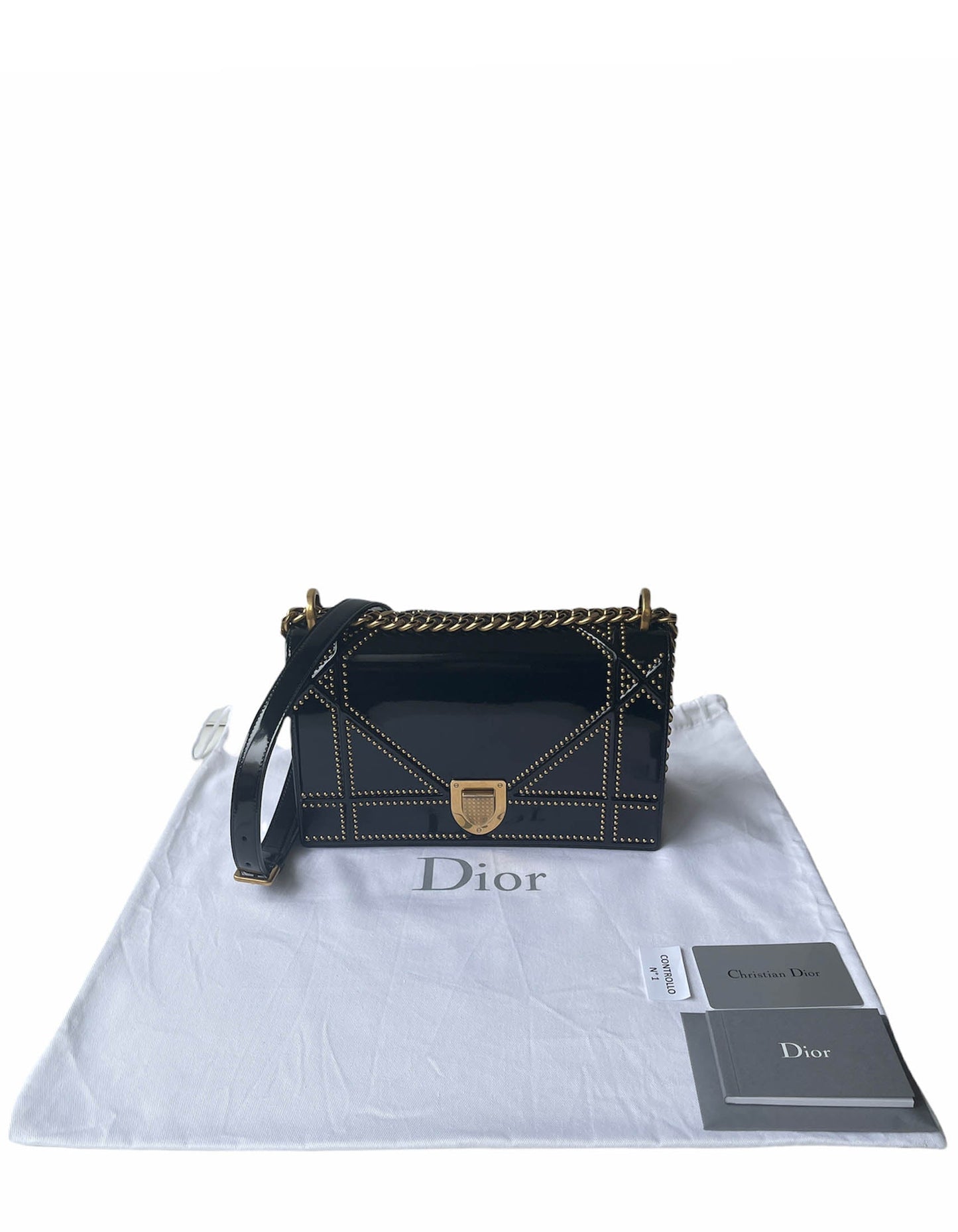 Christian Dior Black Patent Leather Studded Medium Diorama Flap Bag