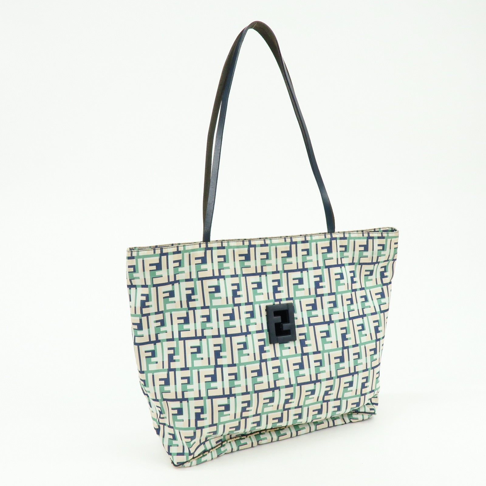 FENDI Zucca Nylon Leather Tote Bag Shoulder Bag Navy Green