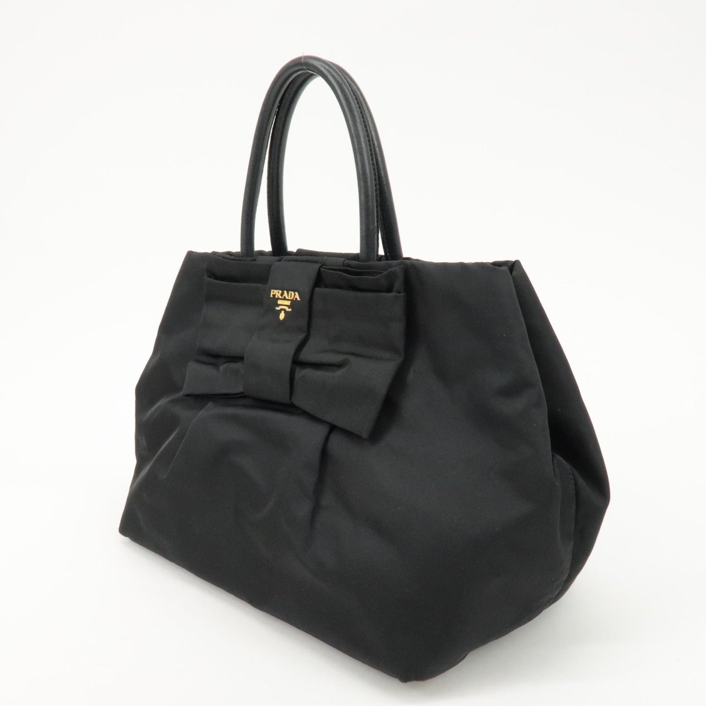 PRADA Nylon Leather Ribbon Hand Bag Tote Bag Black BN1601