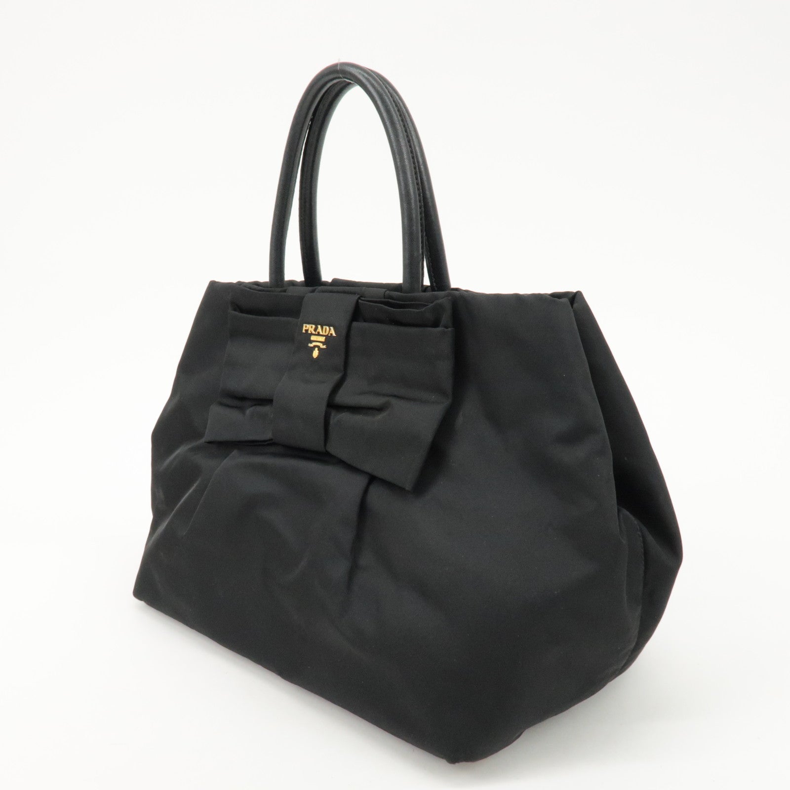 PRADA Nylon Leather Ribbon Hand Bag Tote Bag Black BN1601