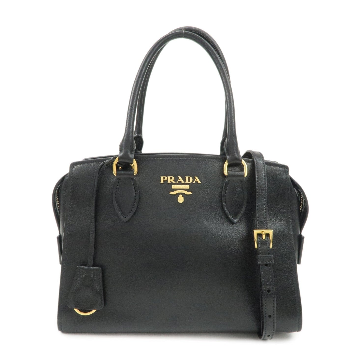 PRADA Leather 2Way Bag Hand Bag Black Gold Hardware