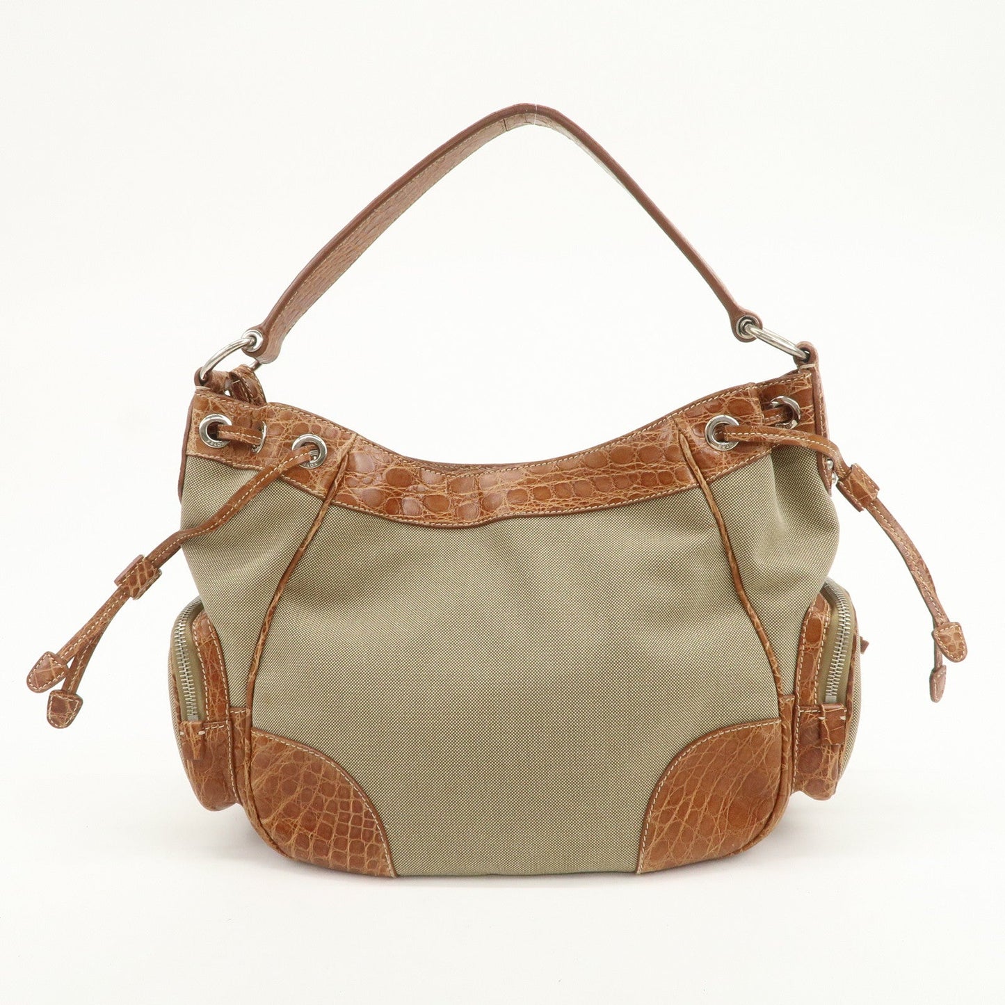 PRADA Logo Jacquard Canvas Embossed Leather Shoulder Bag BR34333