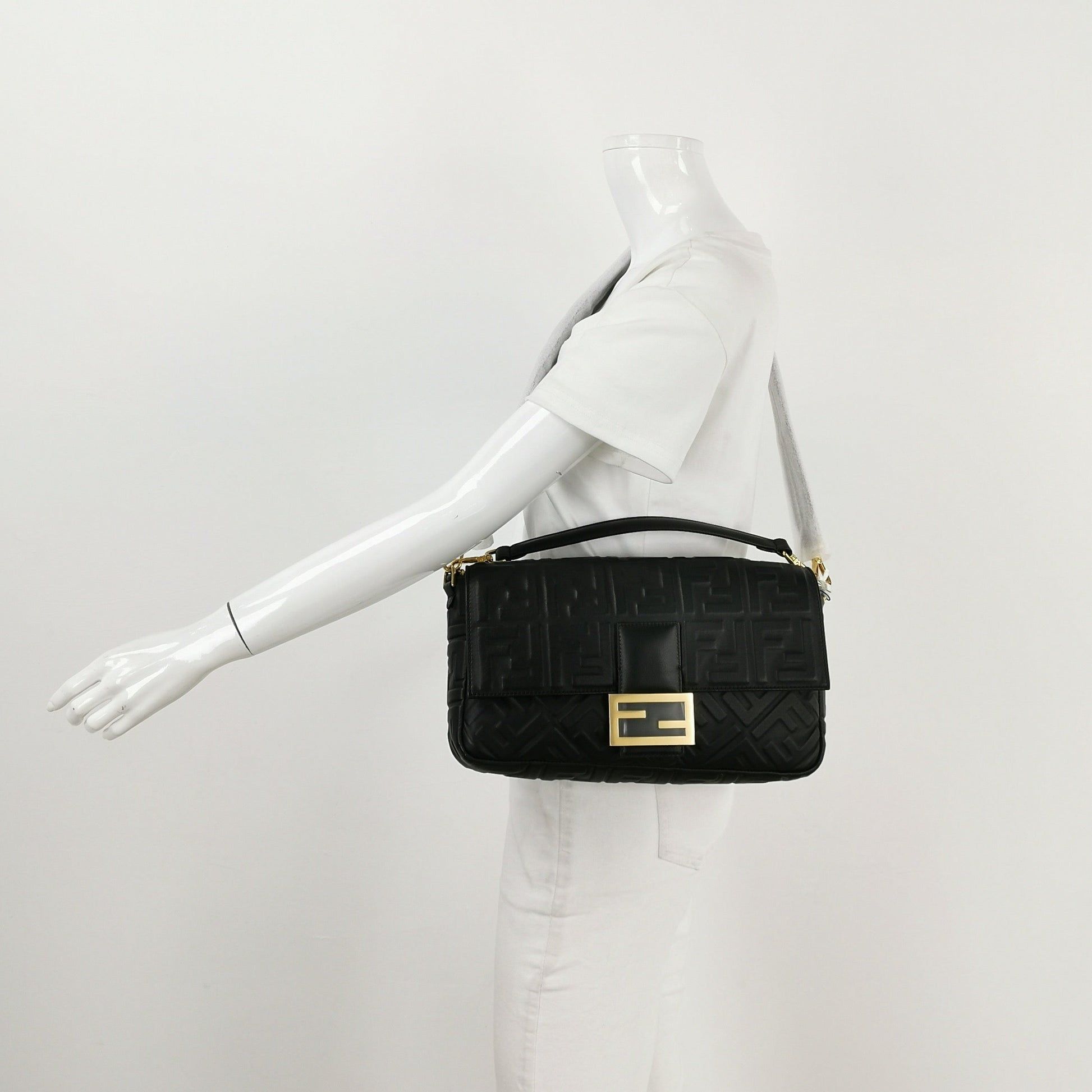 Fendi Baguette Black Leather 3D FF Motif Crossbody Bag Large
