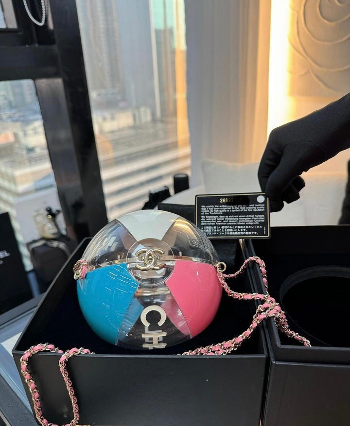 Rare Chanel 2019 Runway White Blue Pink Clear Round Beach Ball Evening Shoulder Bag full set with original box