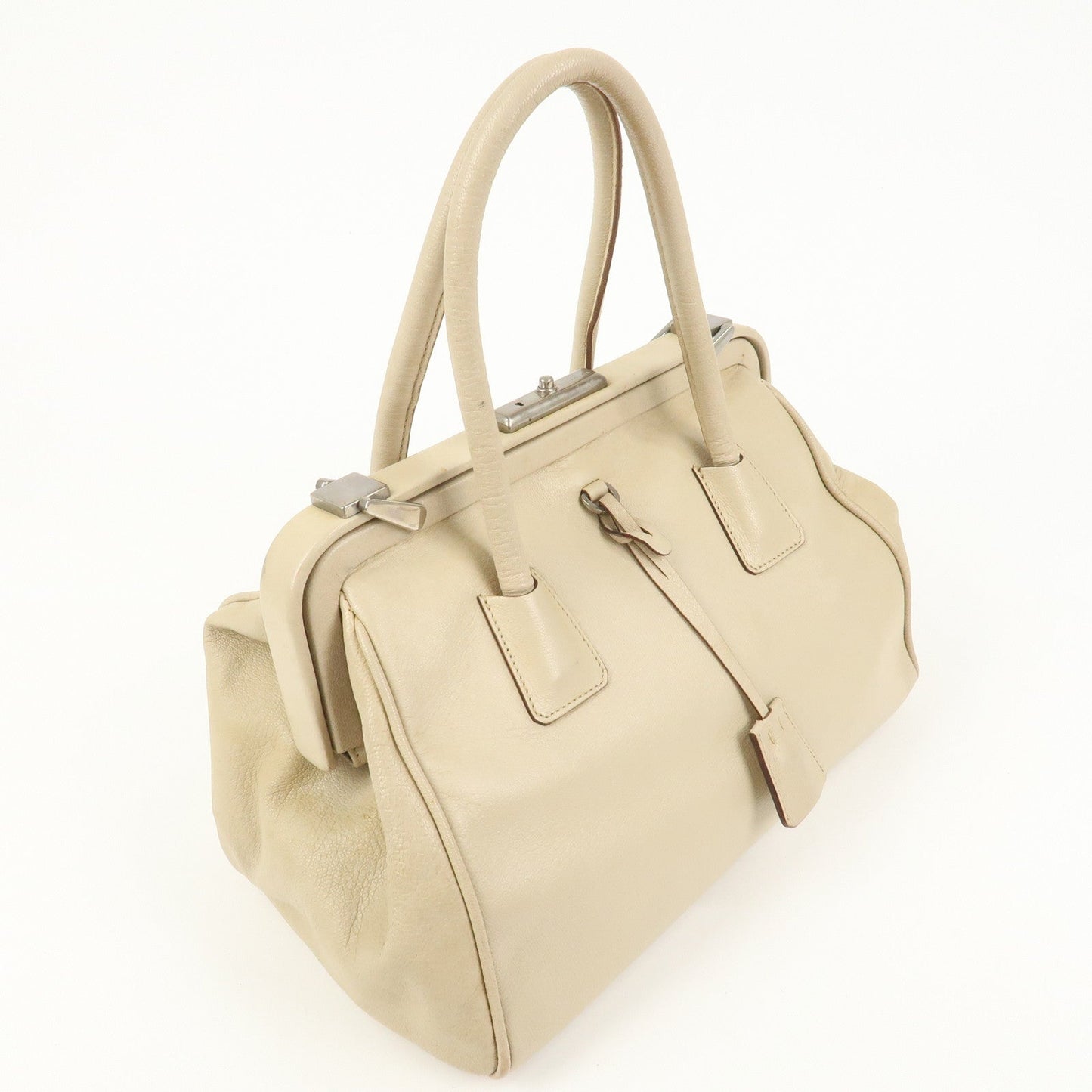 PRADA Leather Doctors Bag Hand Bag Beige Silver