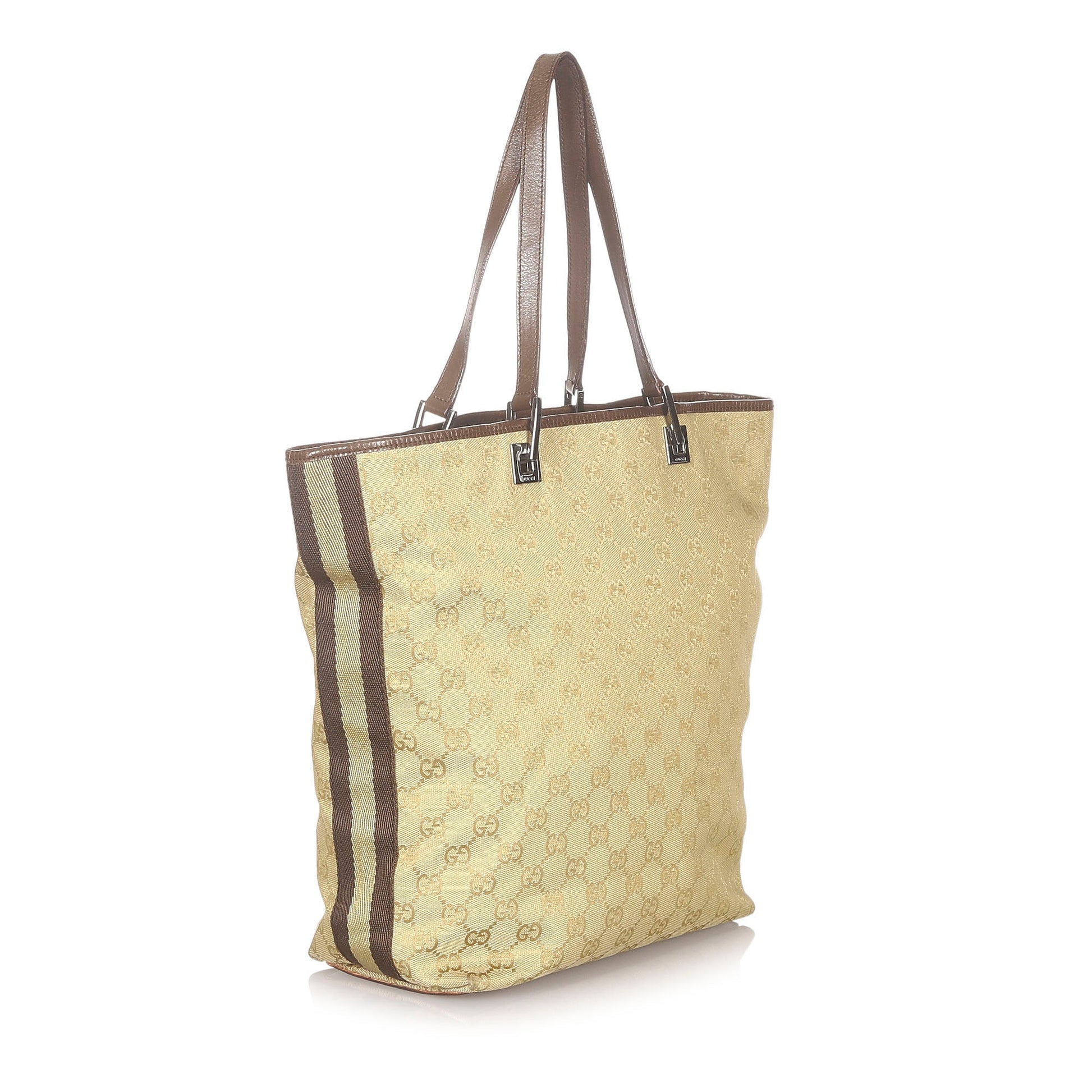 Gucci Web Brown Leather Canvas Tote Style 1