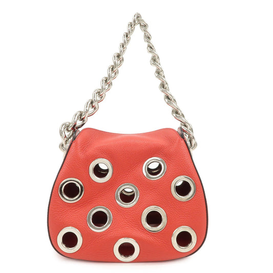 PRADA Logo Grommet Leather Chain Shoulder Bag Red Silver 1BA027