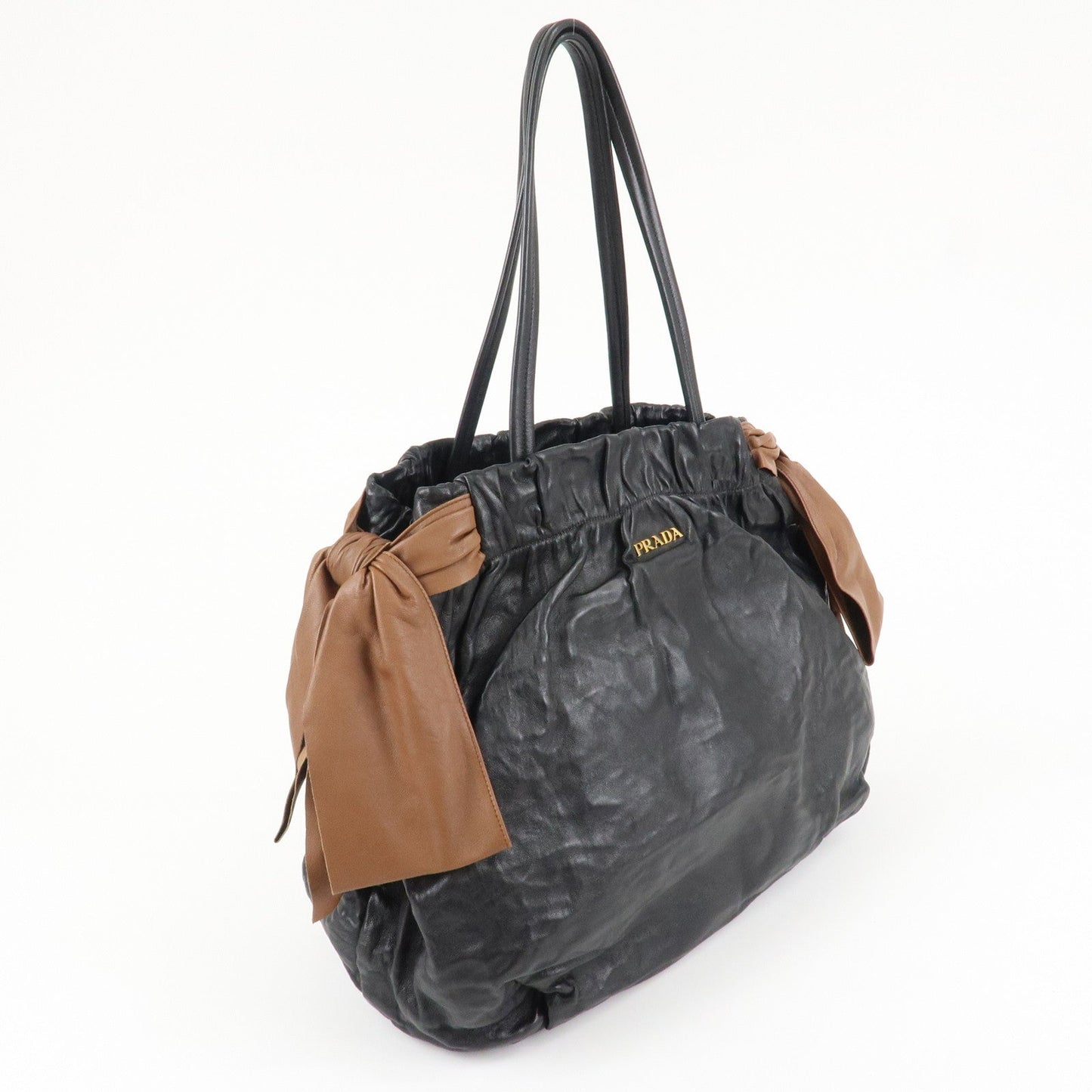 PRADA Leather Ribbon Shoulder Bag Hand Bag Black Brown