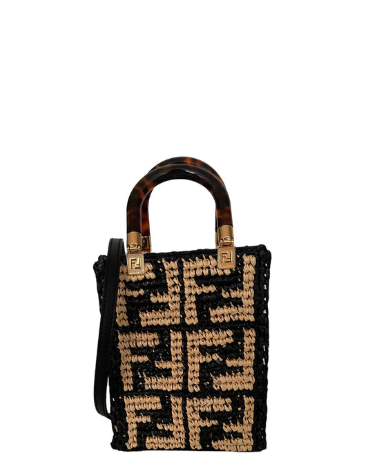 Fendi Monogram Black/Beige Raffia Mini Sunshine Shopper Tote Bag