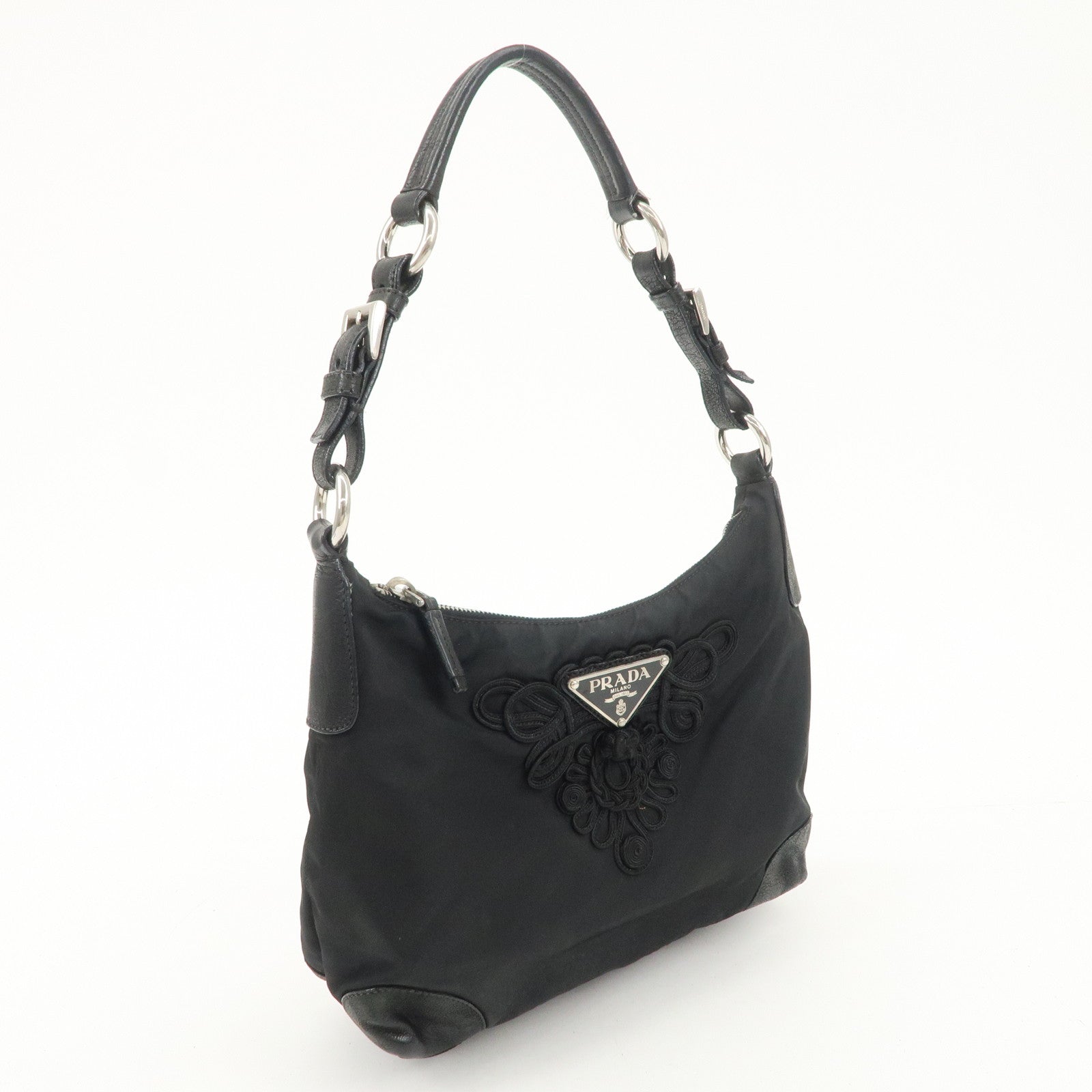 PRADA Triangle Logo Leather Nylon Shoulder Bag Hand Bag Black