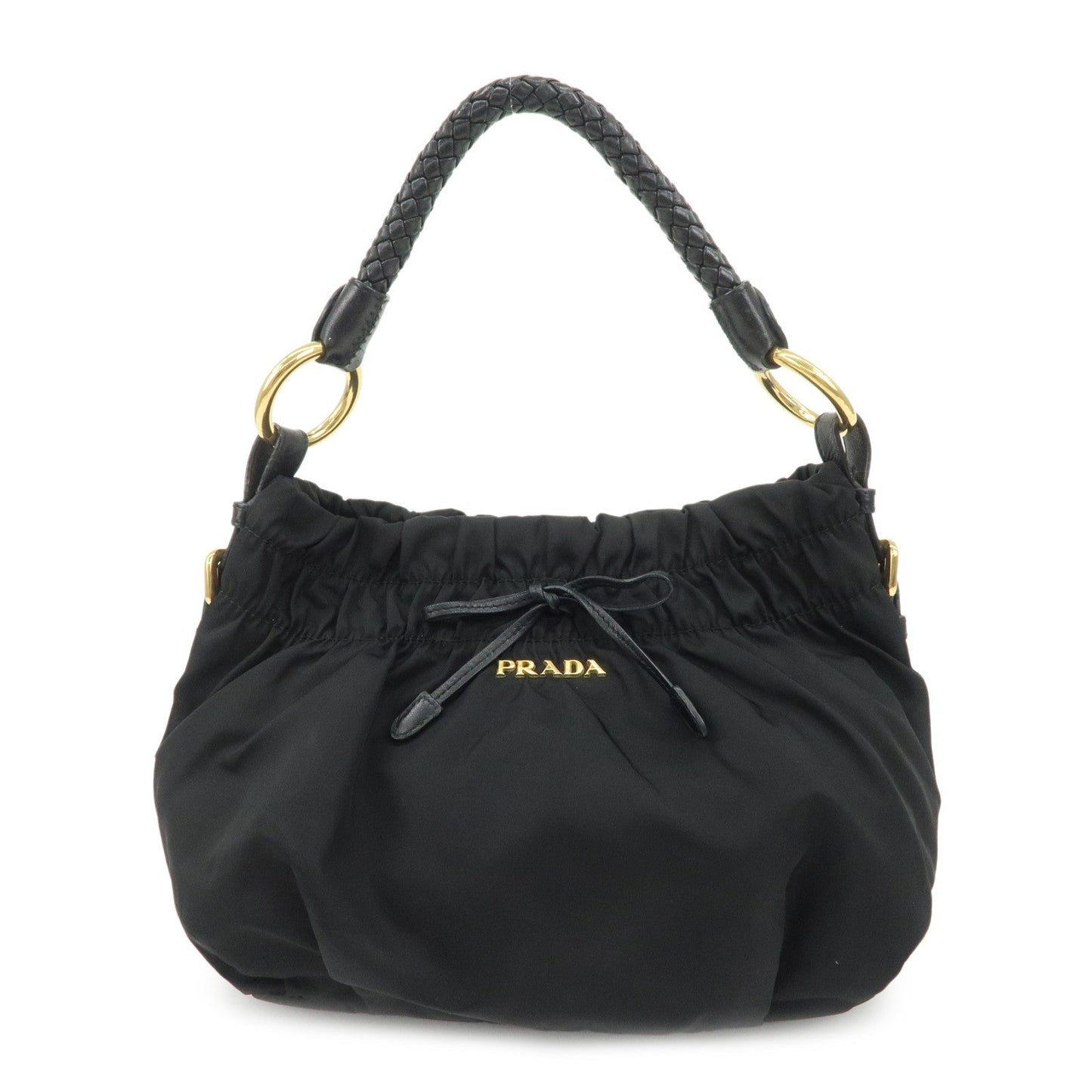 PRADA Nylon Leather Gathered Ribbon Shoulder Bag Hand Bag BR4237