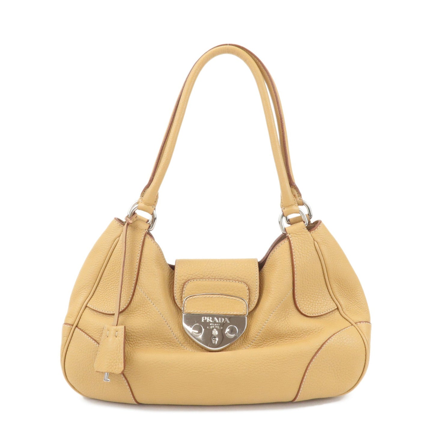 PRADA Leather Shoulder Bag Hand Bag Beige Silver HDW