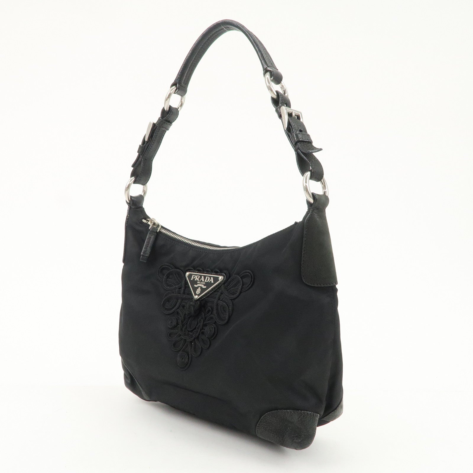 PRADA Triangle Logo Leather Nylon Shoulder Bag Hand Bag Black