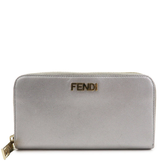 FENDI Leather Round Zippy Long Wallet Silver 8M0024