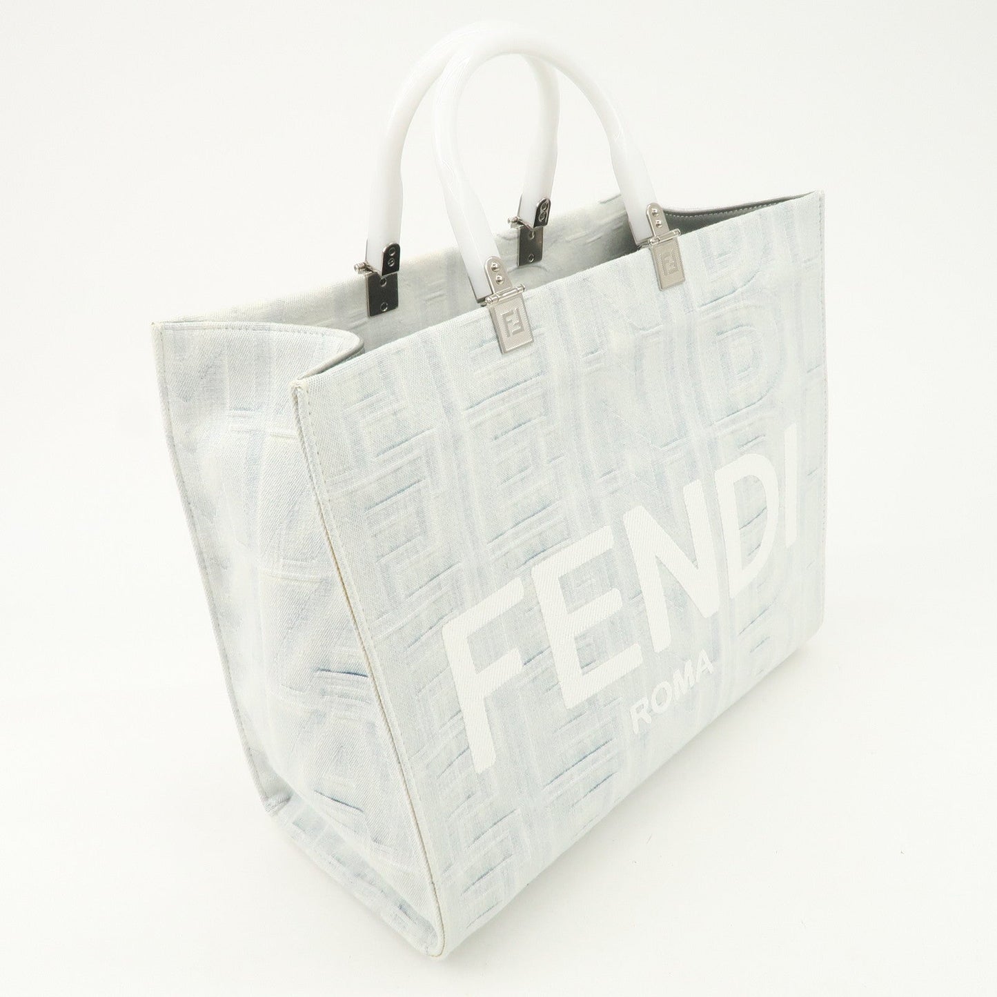 FENDI Leather Sunshine Medium 2Way Tote Bag Hand Bag White 8BH386