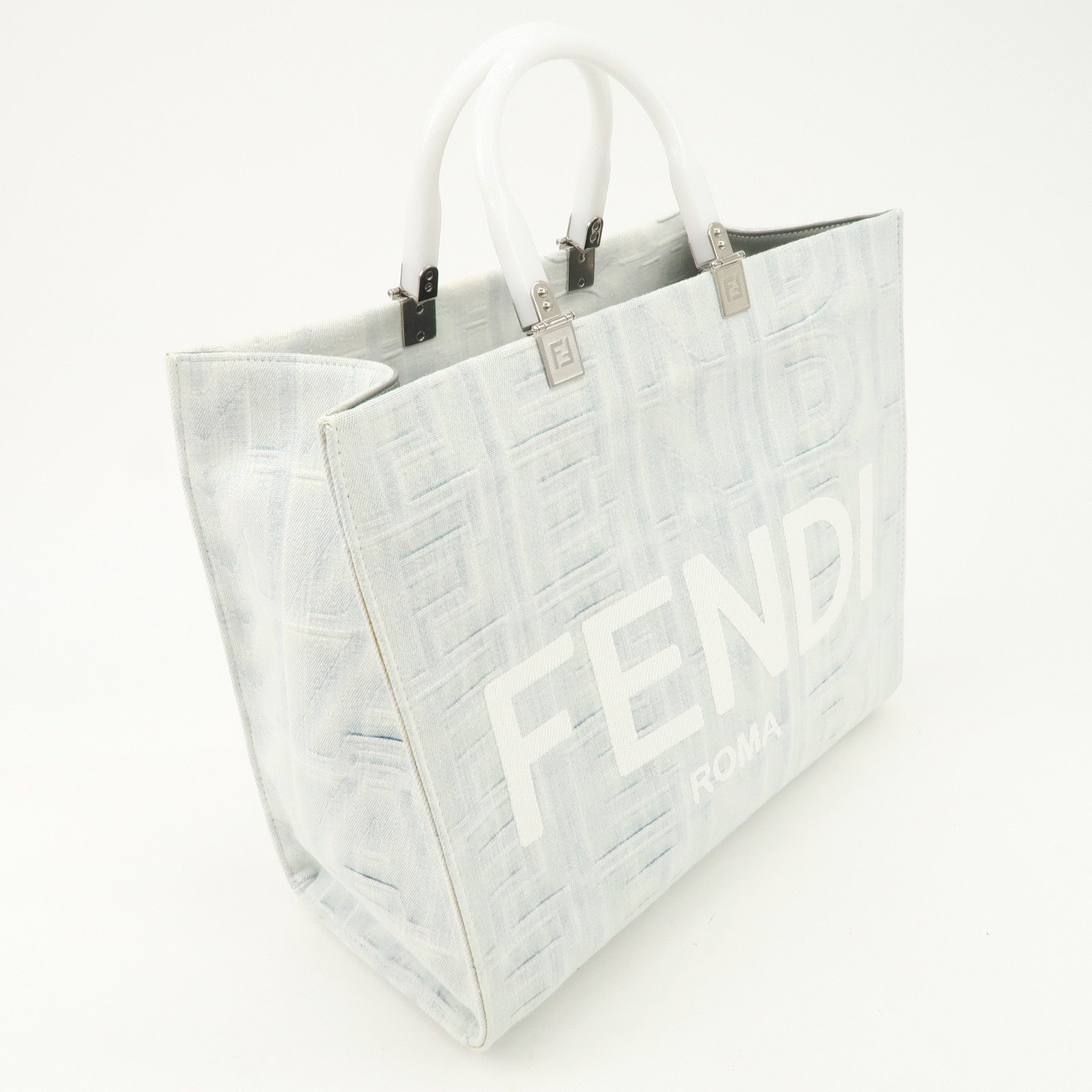 FENDI Leather Sunshine Medium 2Way Tote Bag Hand Bag White 8BH386
