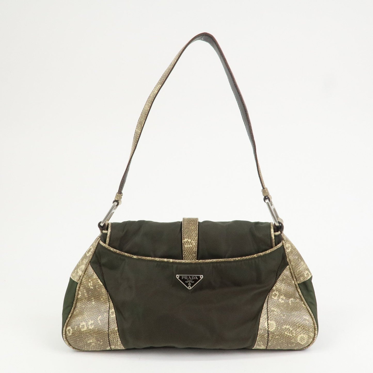 PRADA Triangle Logo Nylon Shoulder Bag Hand Bag Khaki B10738