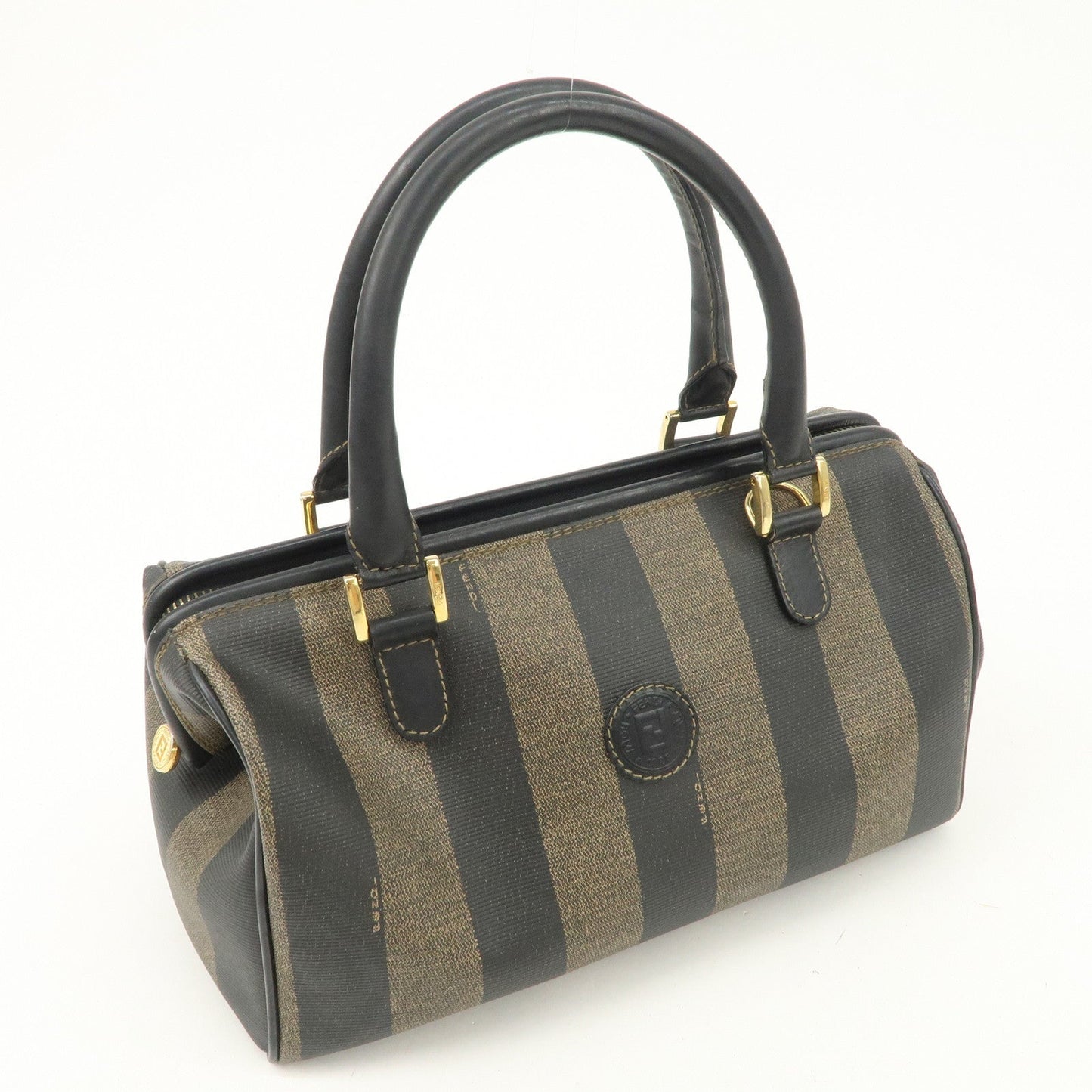 FENDI Pequin PVC Canvas Hand Bag Boston Bag Black Brown