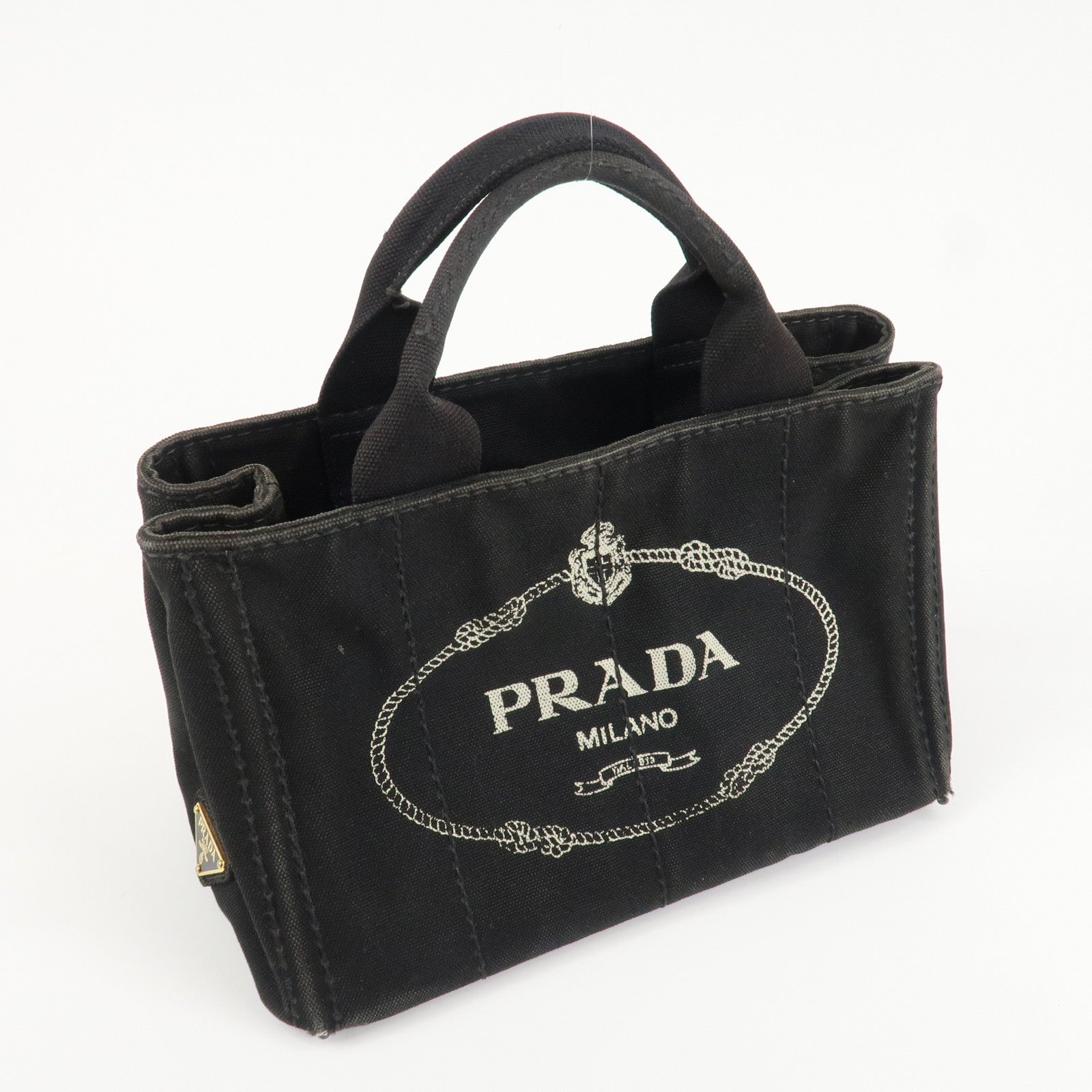 PRADA Logo Canapa Mini Canvas Tote Bag Hand Bag Black BN2439