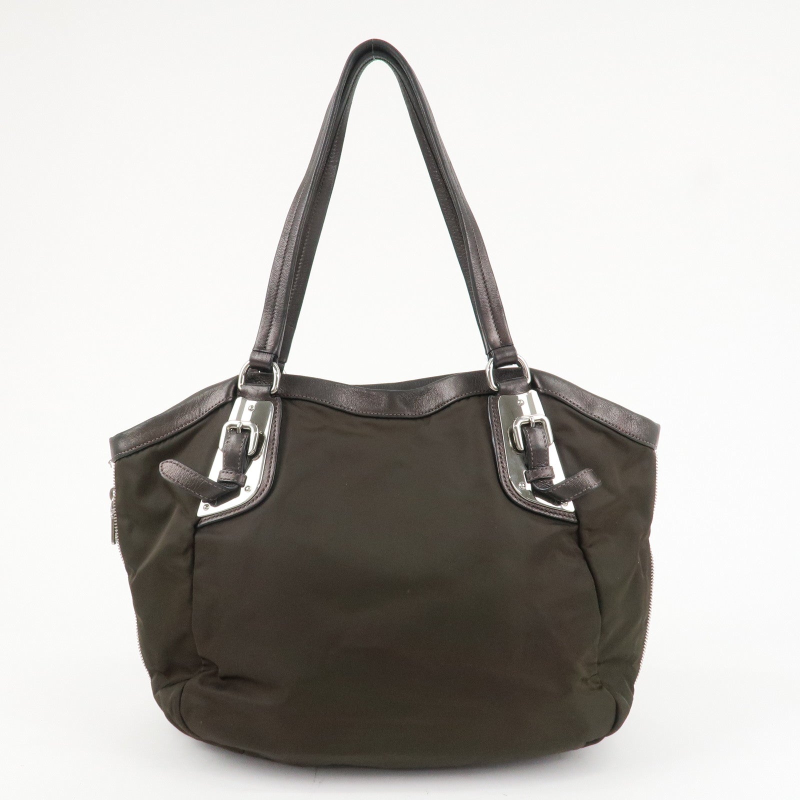 PRADA Logo Nylon Leather Tote Bag Shoulder Bag Khaki Metallic Brown