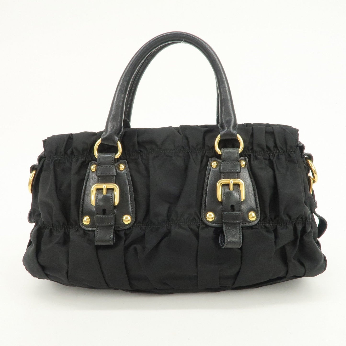 PRADA Nylon Leather Gathered 2Way Hand Shoulder Bag Black BN1407