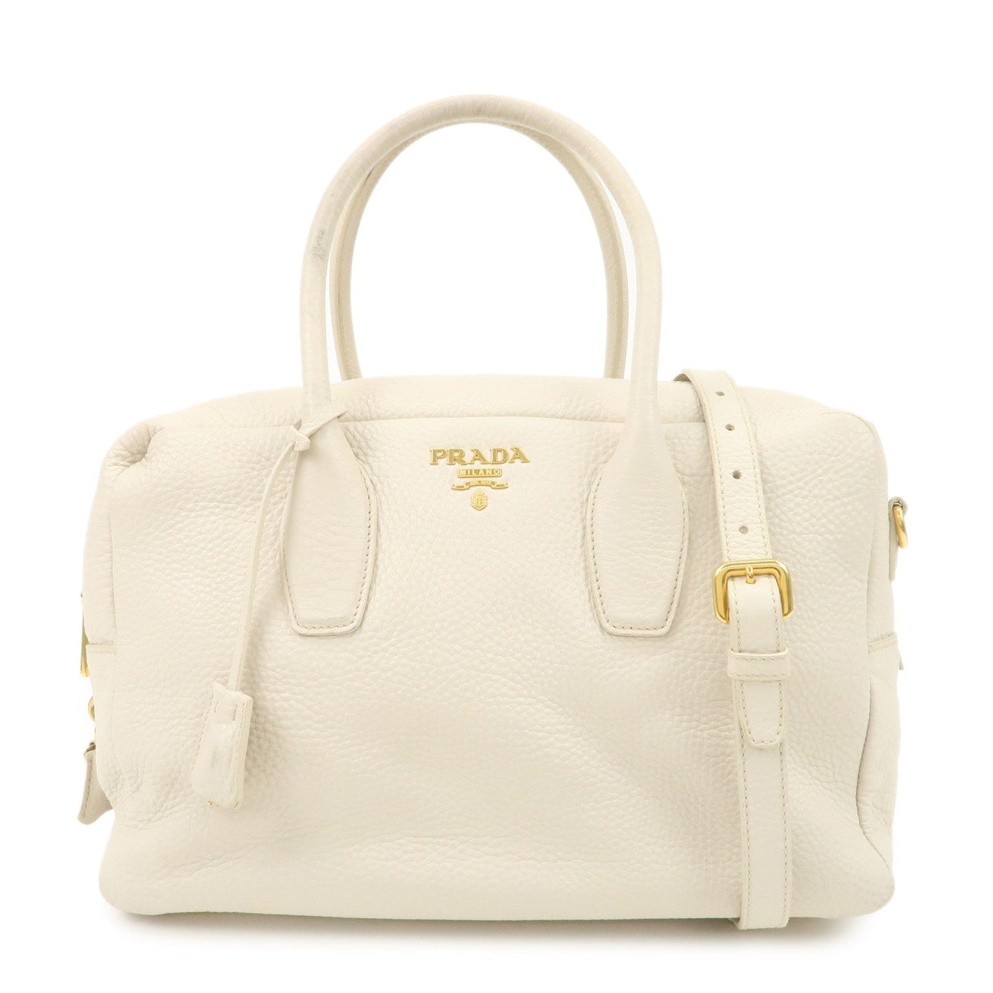 PRADA Logo Leather 2Way Boston Shoulder Bag Gold HDW Ivory