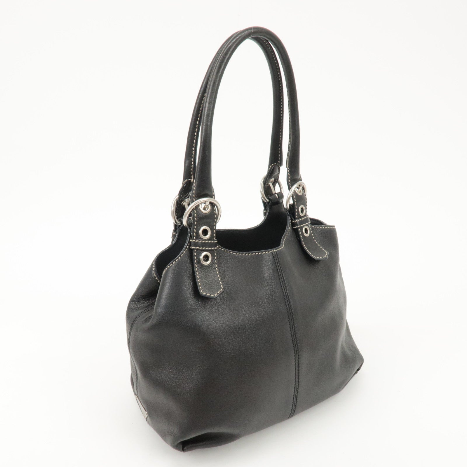 PRADA Triangle Logo Leather Tote Bag Hand Bag Black