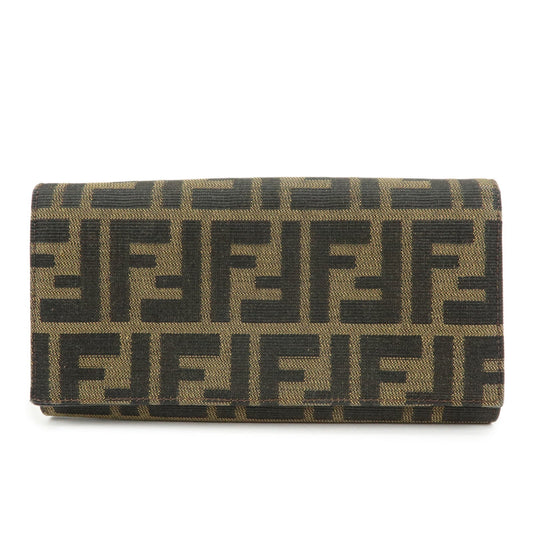 FENDI Zucca Canvas Leather Bi-Fold Long Wallet Black Brown 8M0000