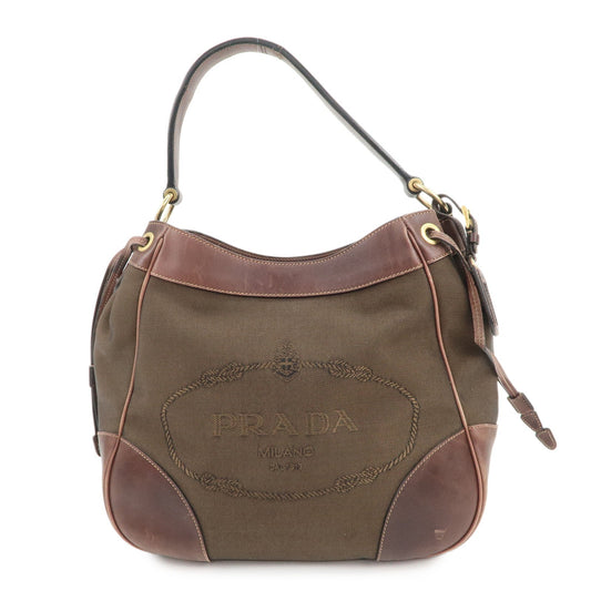 PRADA Triangle Logo Canvas Leather Shoulder Bag Hand Bag Brown