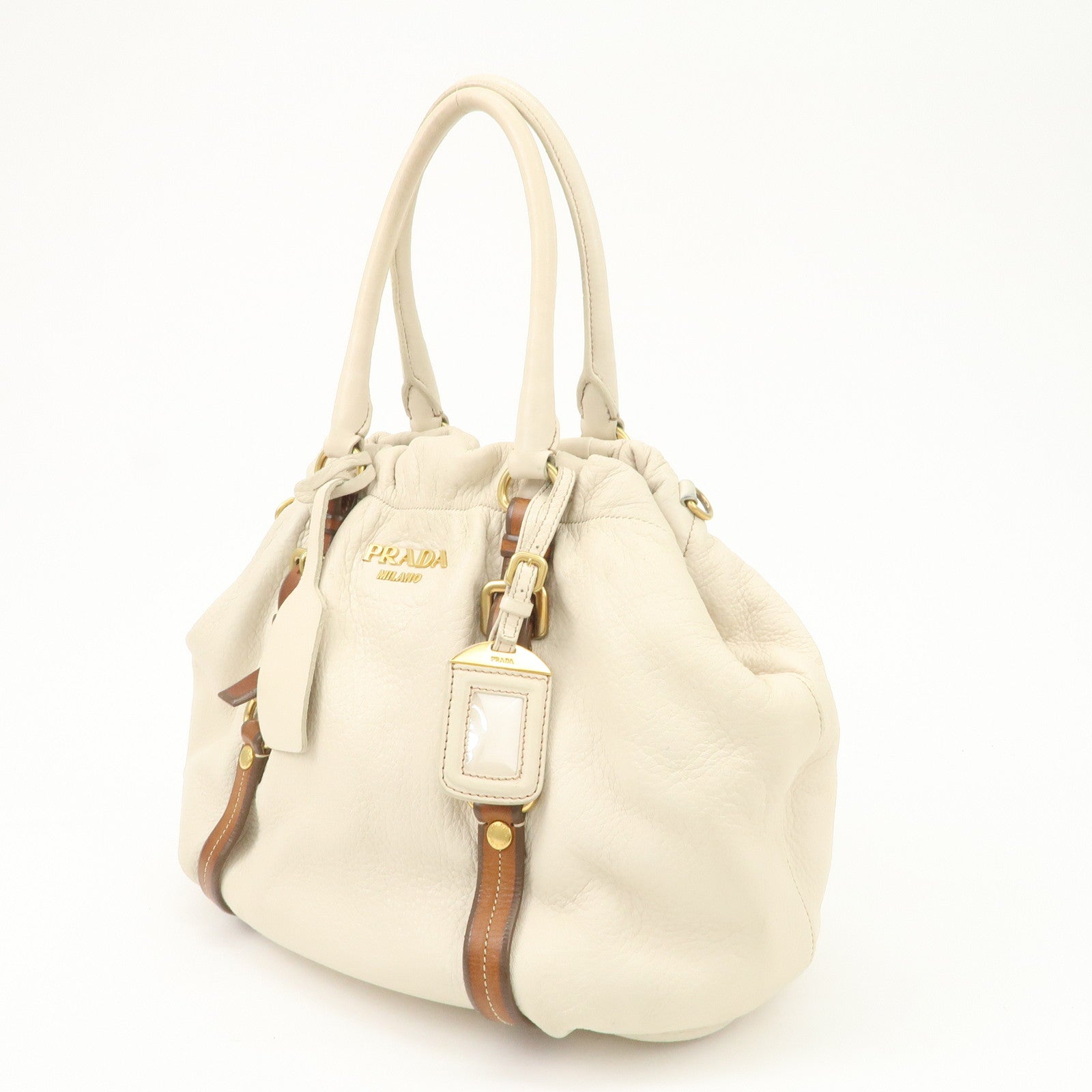 PRADA Leather 2Way Bag Tote Bag Brown White BN1773