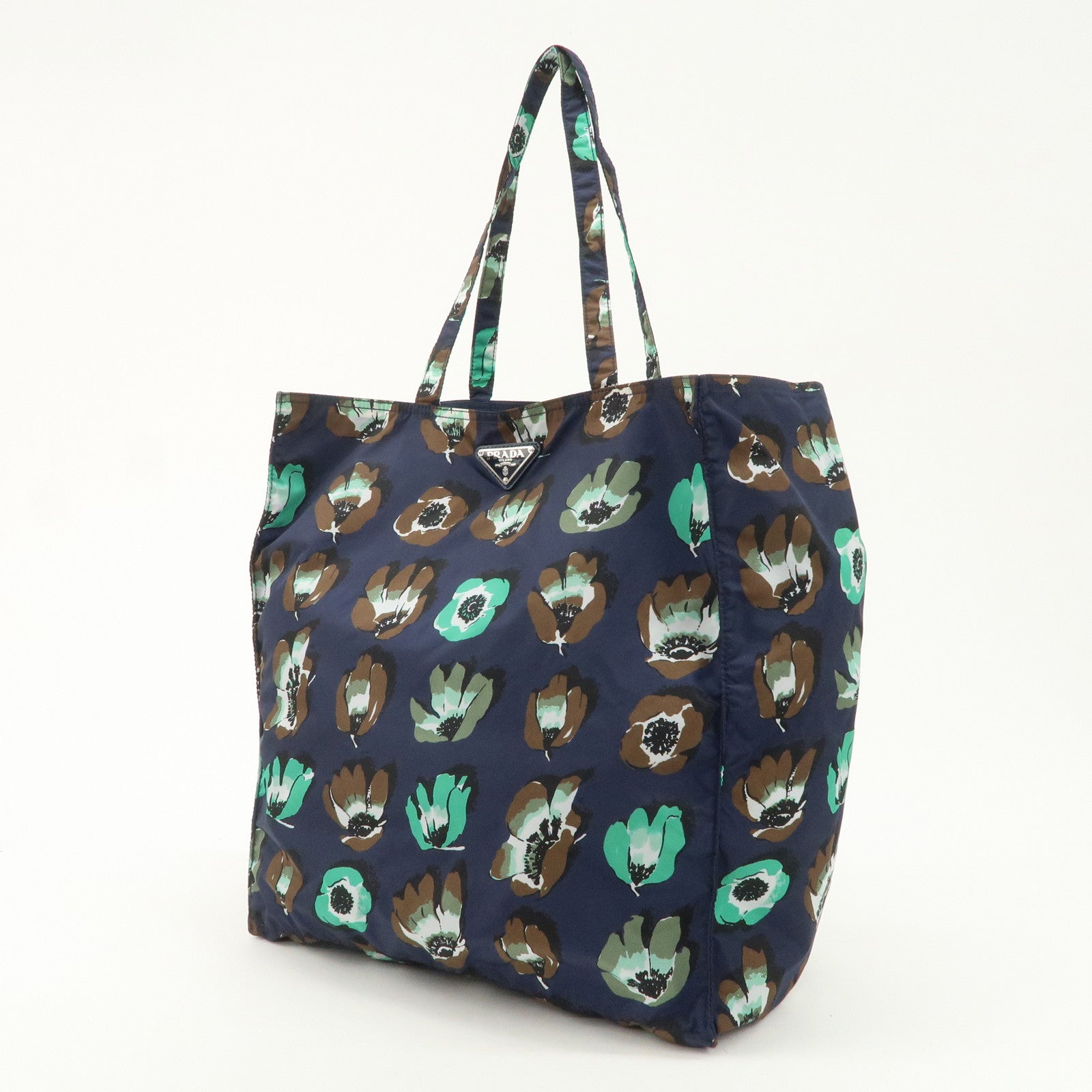 PRADA Triangle Logo Nylon Tote Bag w/Pouch Flower Print Navy B4626B