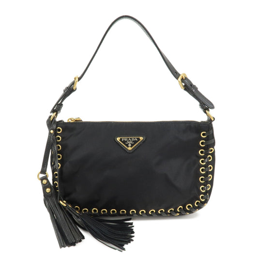 PRADA Triangle Logo Nylon Leather Shoulder Bag Tassel Black BR3754